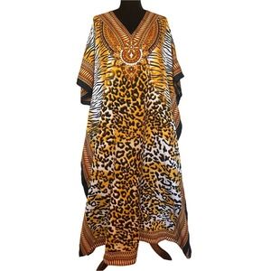 Ashro Black and Gold Animal Print Kaftan Maxi Dress Size O/S